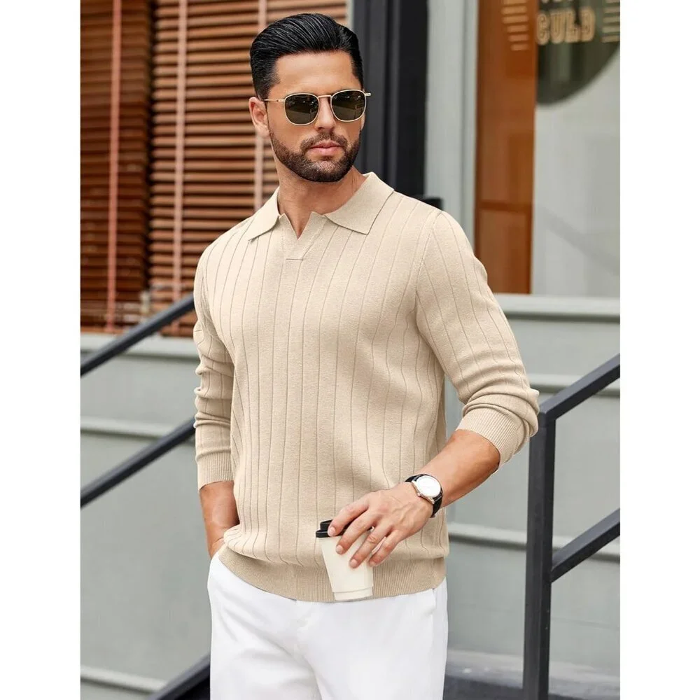 Coofandy Men Cream Polo Long Sleeve V Neck Knit Lightweight Pullover Sweater